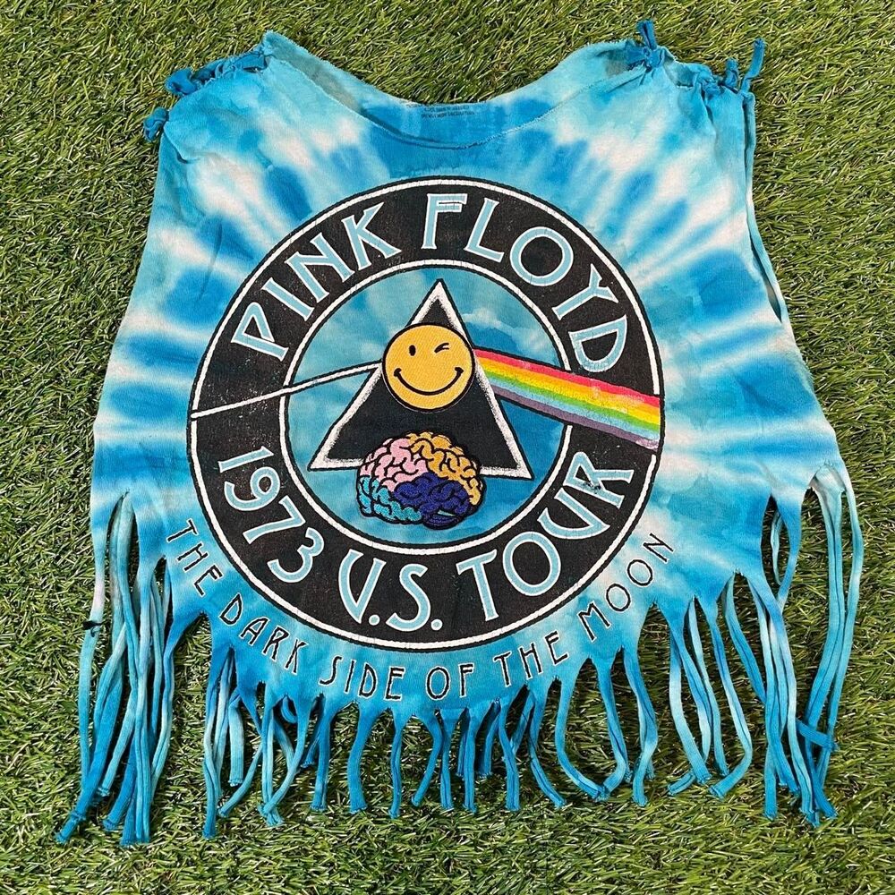 Pink Floyd 1973 U.S. Tour The Dark Side of the Moon blue tie-dye fringe crop top